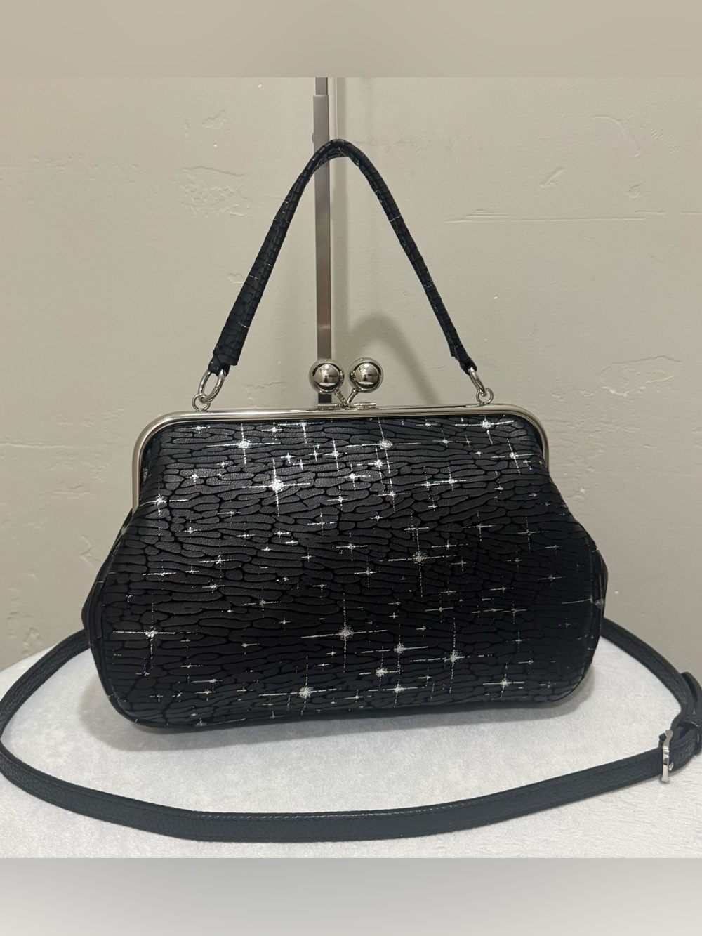 Unique Silver Stars Embossed Cowhide Leather Handmade Kisslock & Multi Use Bag